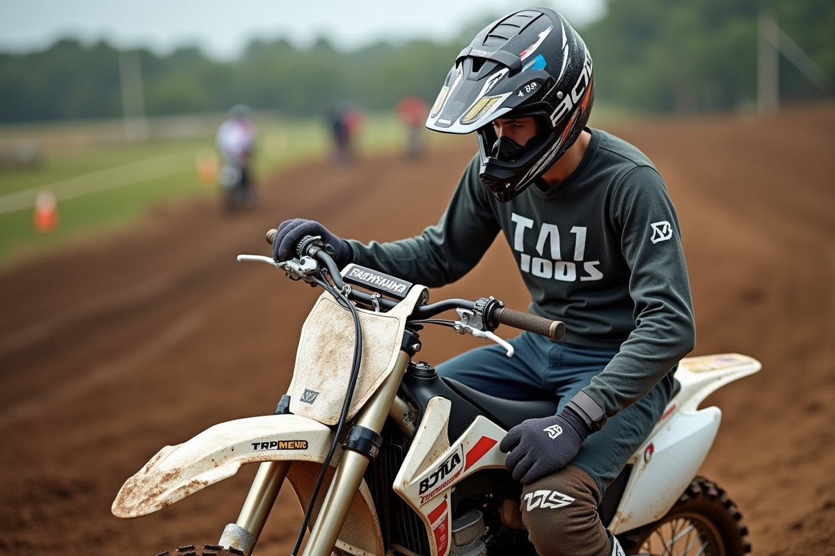 Jeune pilote motocross ajustant un filtre à air en extérieur