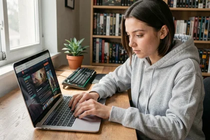 Jeune femme naviguant sur une interface de forum d'archives gaming depuis son ordinateur portable dans un bureau à domicile