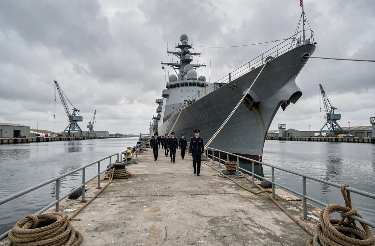 Navire militaire moderne amarré dans un port stratégique avec des officiers de marine, illustrant la puissance militaire et le hard power géopolitique
