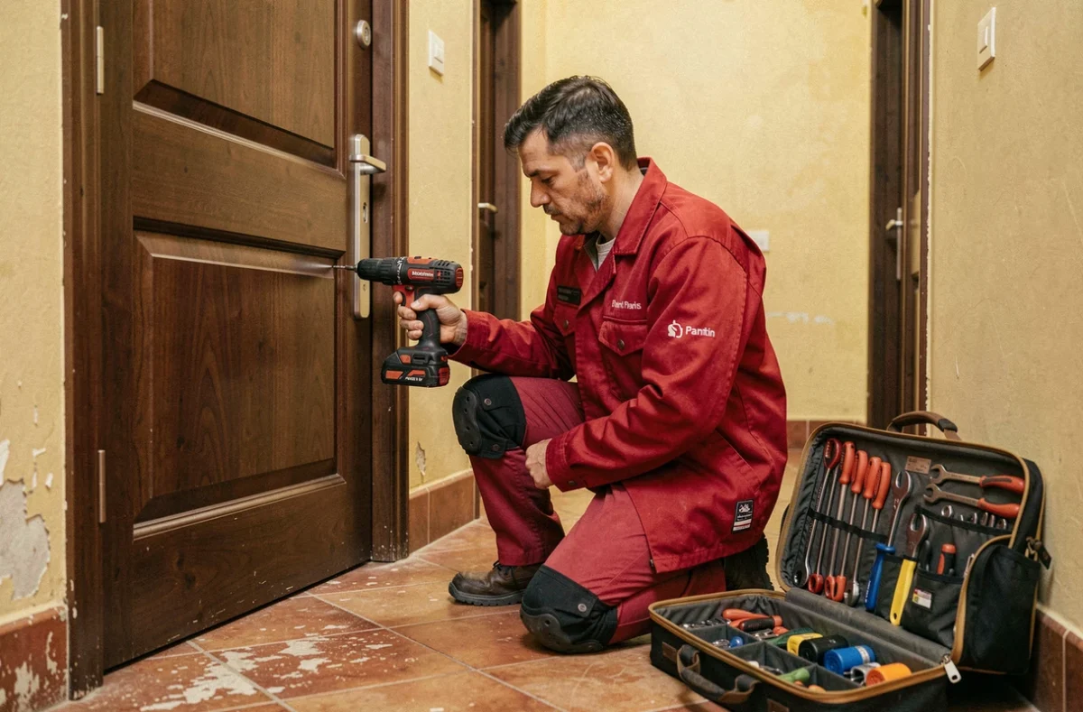 Un serrurier d'Obat Serrurier Pantin fixe une nouvelle gâche sur une porte en bois dans un couloir résidentiel à Pantin