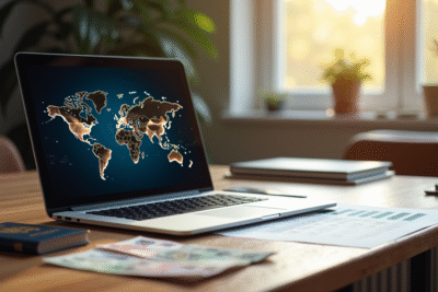 Ordinateur portable avec graphiques financiers et documents fiscaux