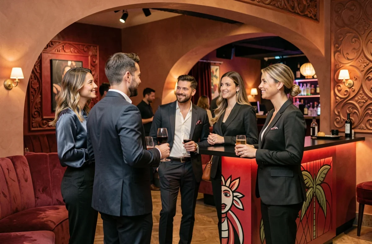 Entrée élégante du Pacha Club à Louveciennes, décor méditerranéen raffiné et clientèle chic en tenue de soirée