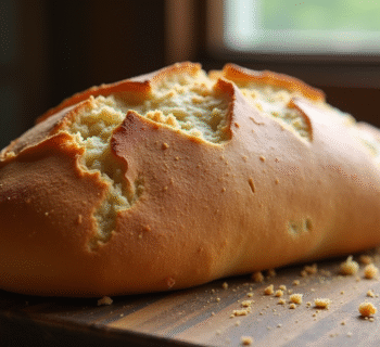 Pain maison doré avec croûte croustillante sur surface en bois