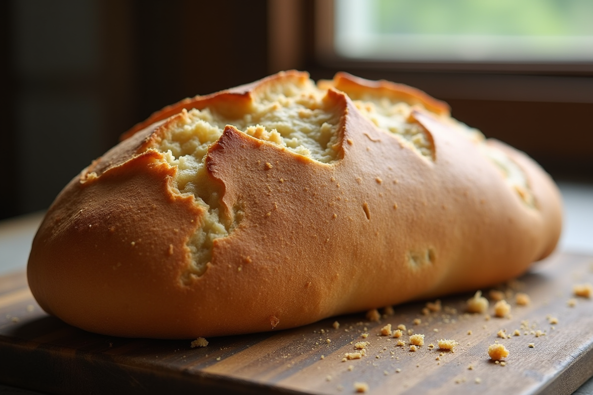 Pain maison doré avec croûte croustillante sur surface en bois