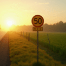 Panneau routier au lever du soleil avec 50 miles en vert