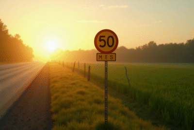 Panneau routier au lever du soleil avec 50 miles en vert