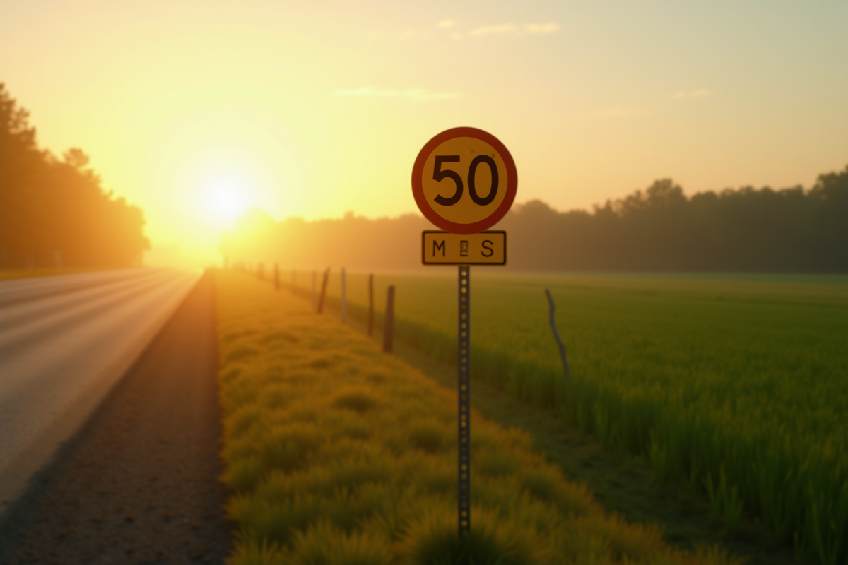 Panneau routier au lever du soleil avec 50 miles en vert