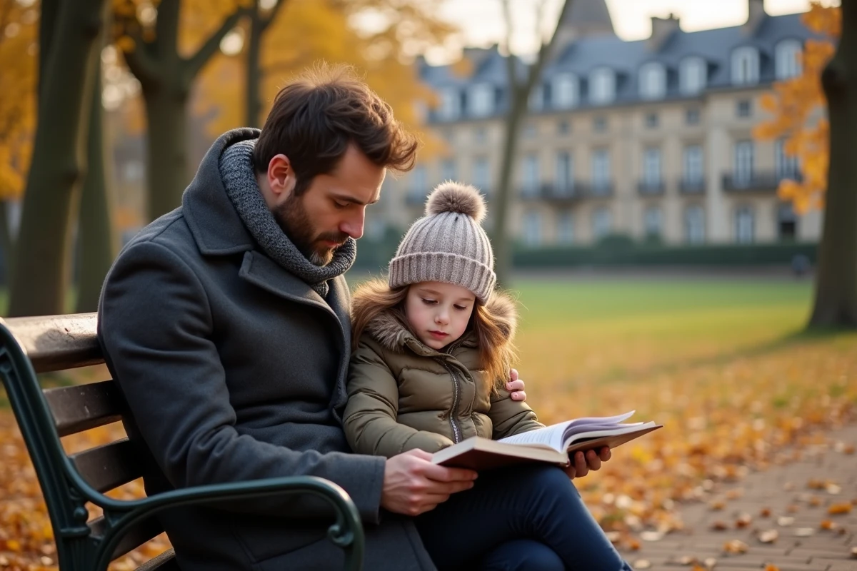 Pere et fille lisant un livre d histoire dans un parc automnal