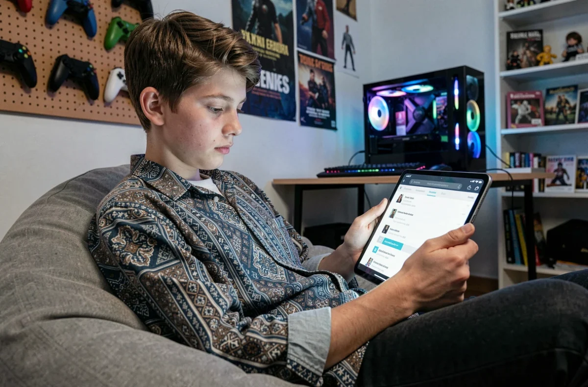 Adolescent parcourant les topics populaires d'un forum d'archives gaming sur une tablette depuis une chambre de gamer