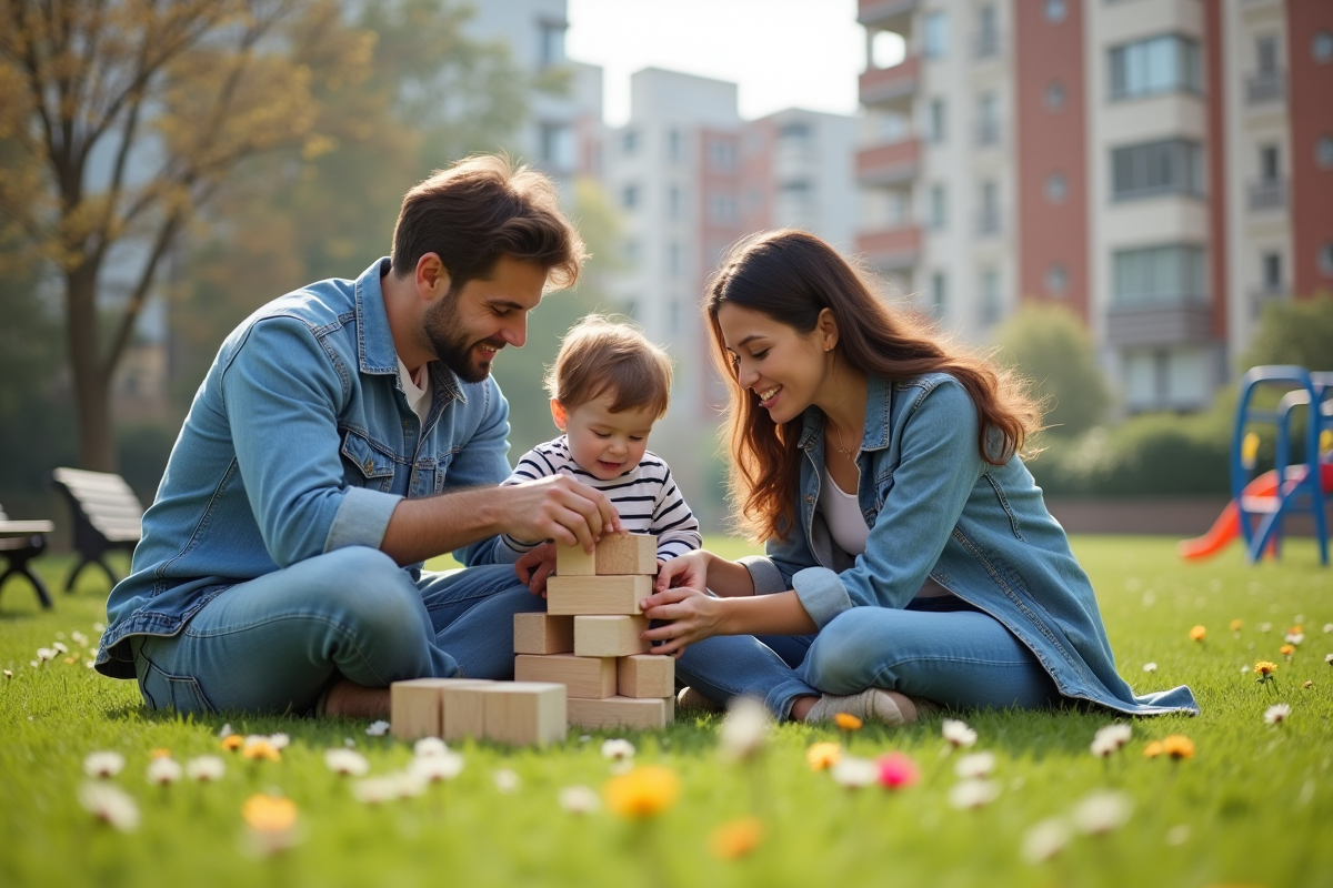 Jeunes parents jouant avec leur enfant dans un parc urbain