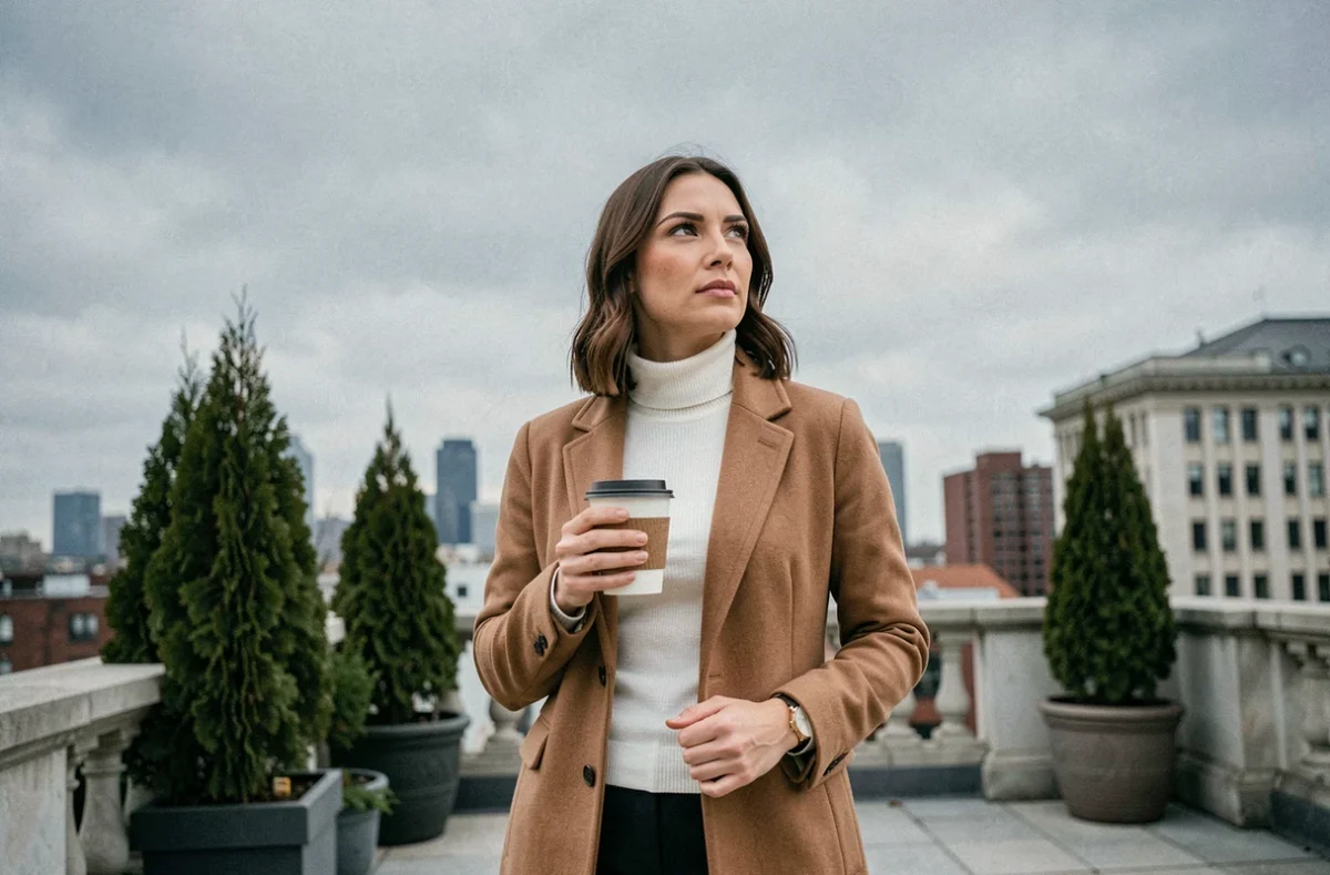 Femme ambitieuse en manteau camel sur une terrasse urbaine, regardant l'horizon de la ville avec une tasse de café à la main