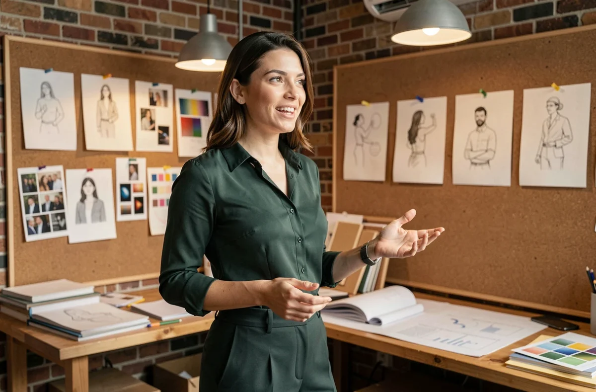Femme dynamique en blouse verte dans un studio créatif, présentant des projets devant un mur de planches d'inspiration et de documents