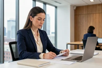 Femme professionnelle en blazer marine assise à un bureau moderne, examinant des documents dans un cadre de bureau contemporain avec vue sur la ville