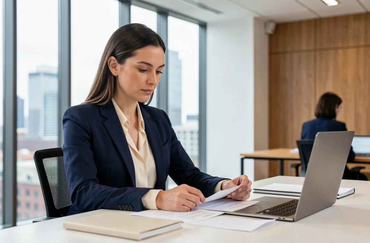 Femme professionnelle en blazer marine assise à un bureau moderne, examinant des documents dans un cadre de bureau contemporain avec vue sur la ville