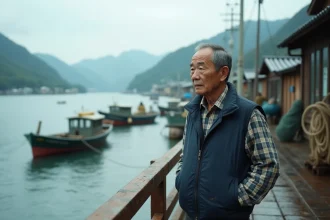 Pêcheur japonais âgé sur un quai de pêche dans un village côtier du Tohoku, contemplant le port dans la brume matinale