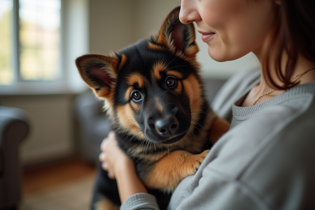 Personne tenant doucement un chiot berger allemand en interieur