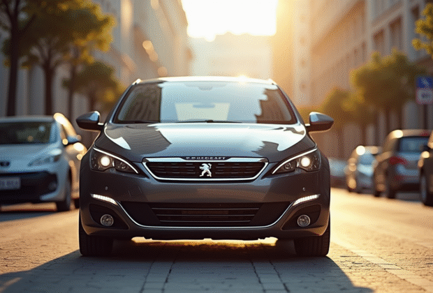 Peugeot 308 2015 stationnée en ville en plein jour
