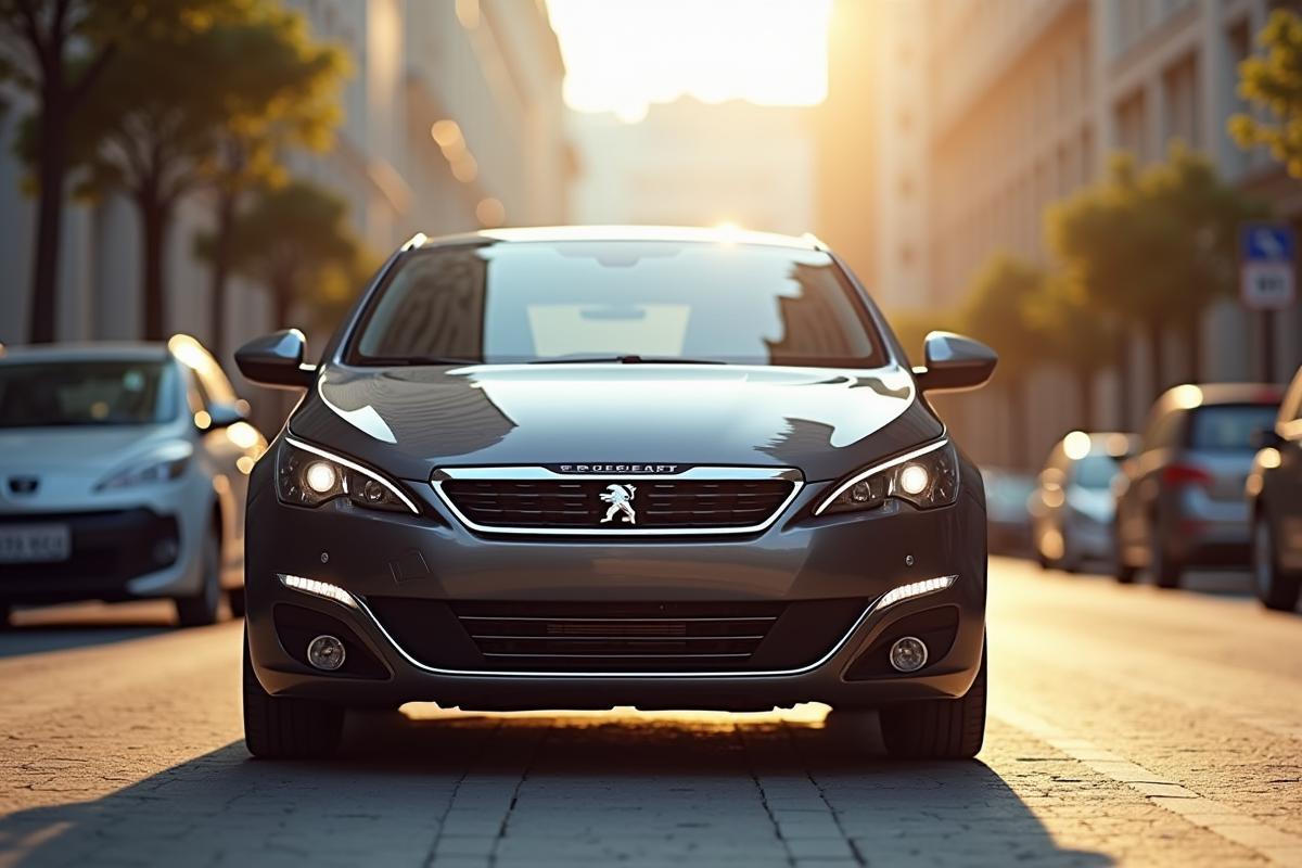 Peugeot 308 2015 stationnée en ville en plein jour