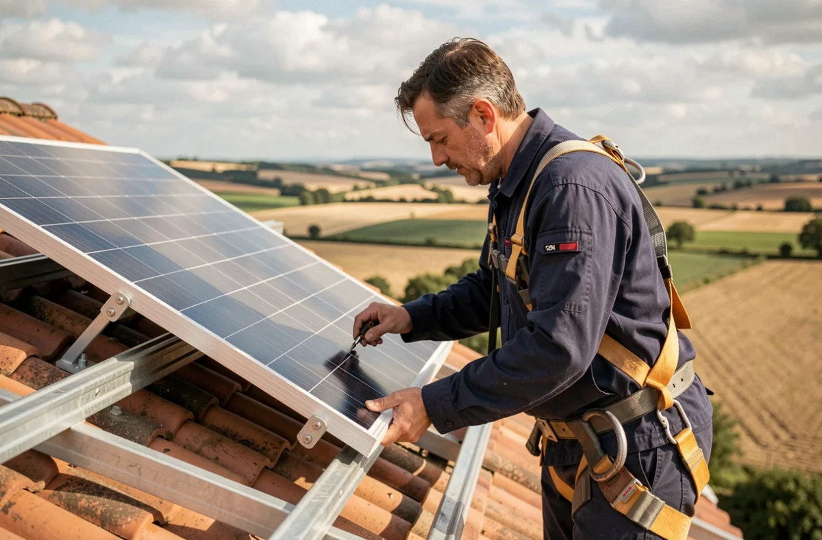 Un spécialiste de Photovoltaïque Gemarin fixant un panneau solaire sur un rail métallique d'un toit résidentiel en milieu rural en Lot-et-Garonne