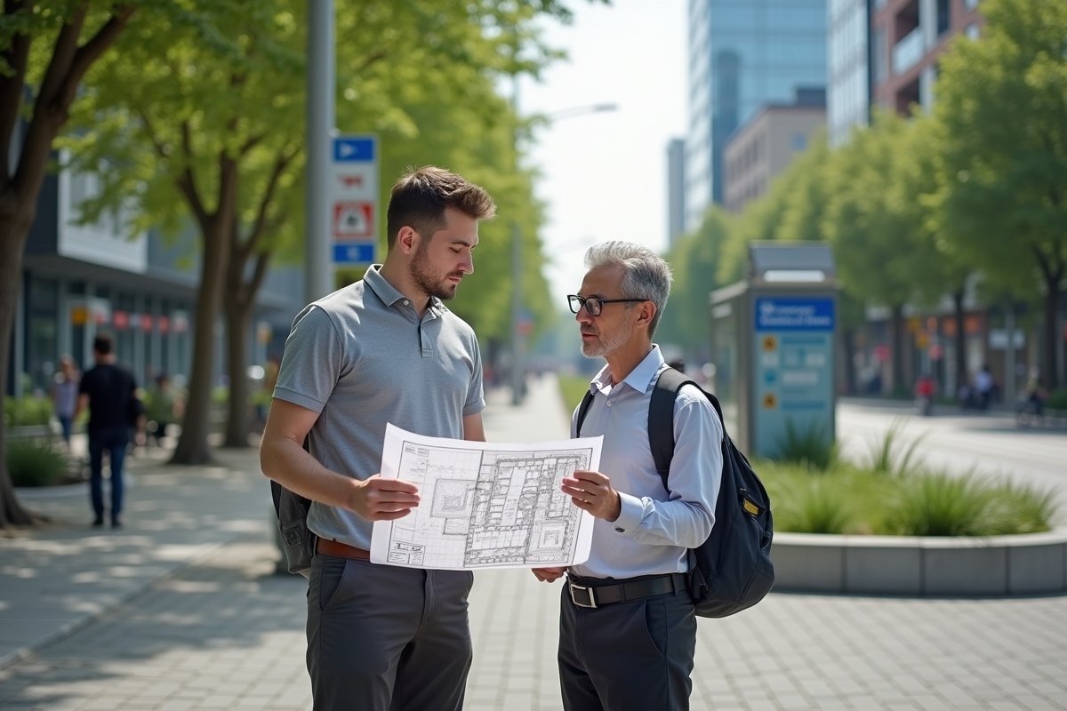 Jeune urbaniste discutant avec un officiel devant une station