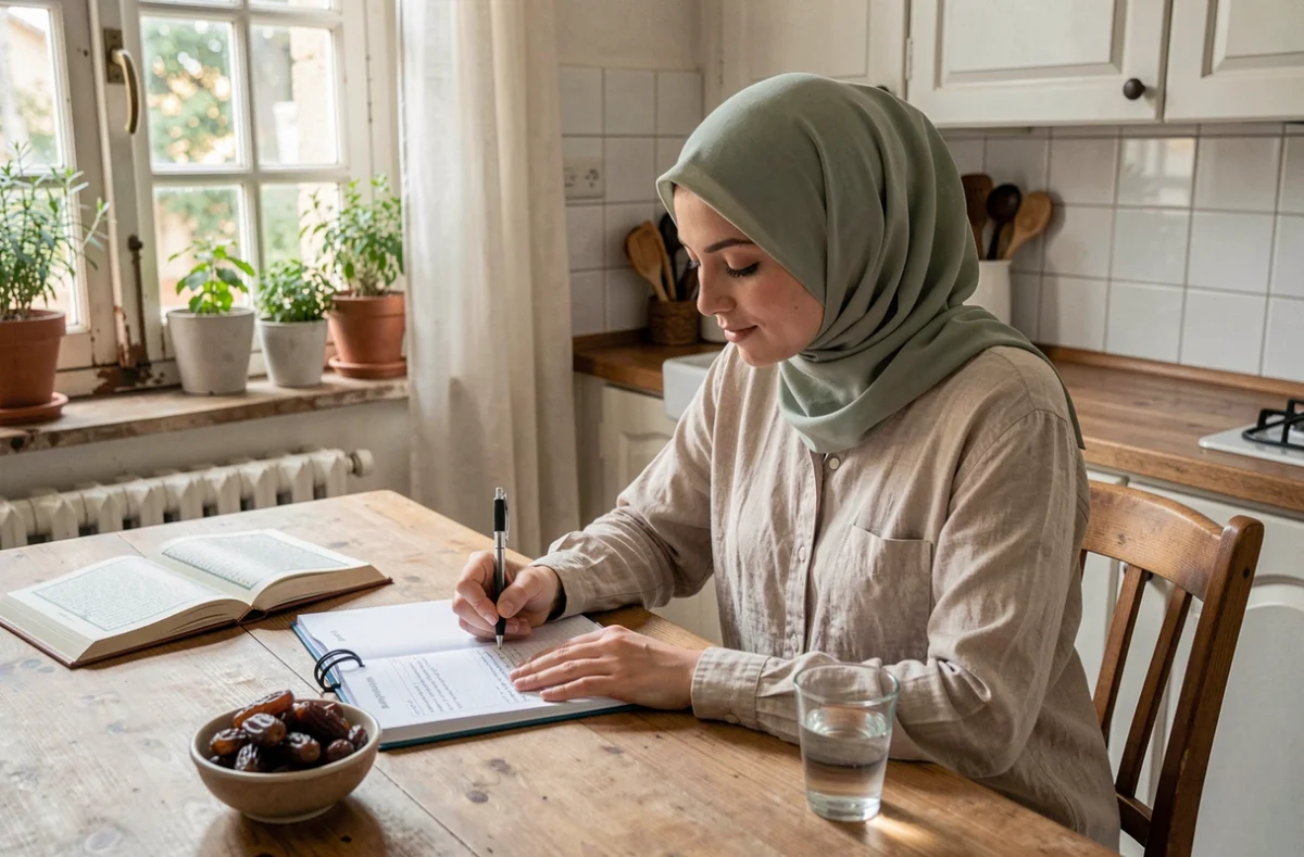 Femme musulmane planifiant les horaires de prière du ramadan dans un appartement à Béziers