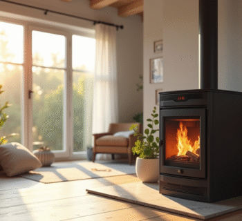Poêle à pellets moderne dans un salon lumineux et cosy