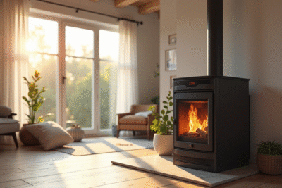 Poêle à pellets moderne dans un salon lumineux et cosy