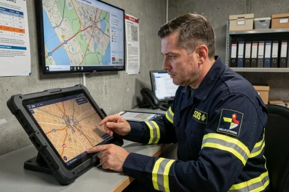 Pompier français consulte le logiciel IRIS sur tablette dans une salle opérationnelle de centre de secours