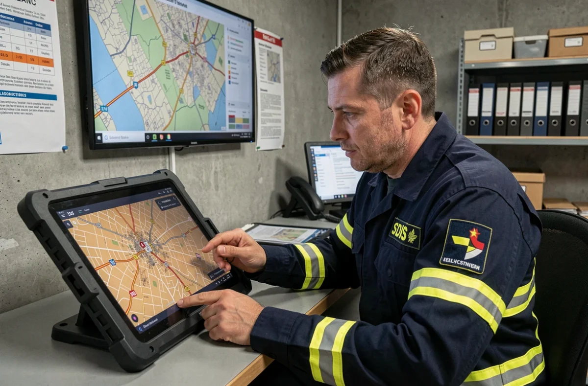 Pompier français consulte le logiciel IRIS sur tablette dans une salle opérationnelle de centre de secours