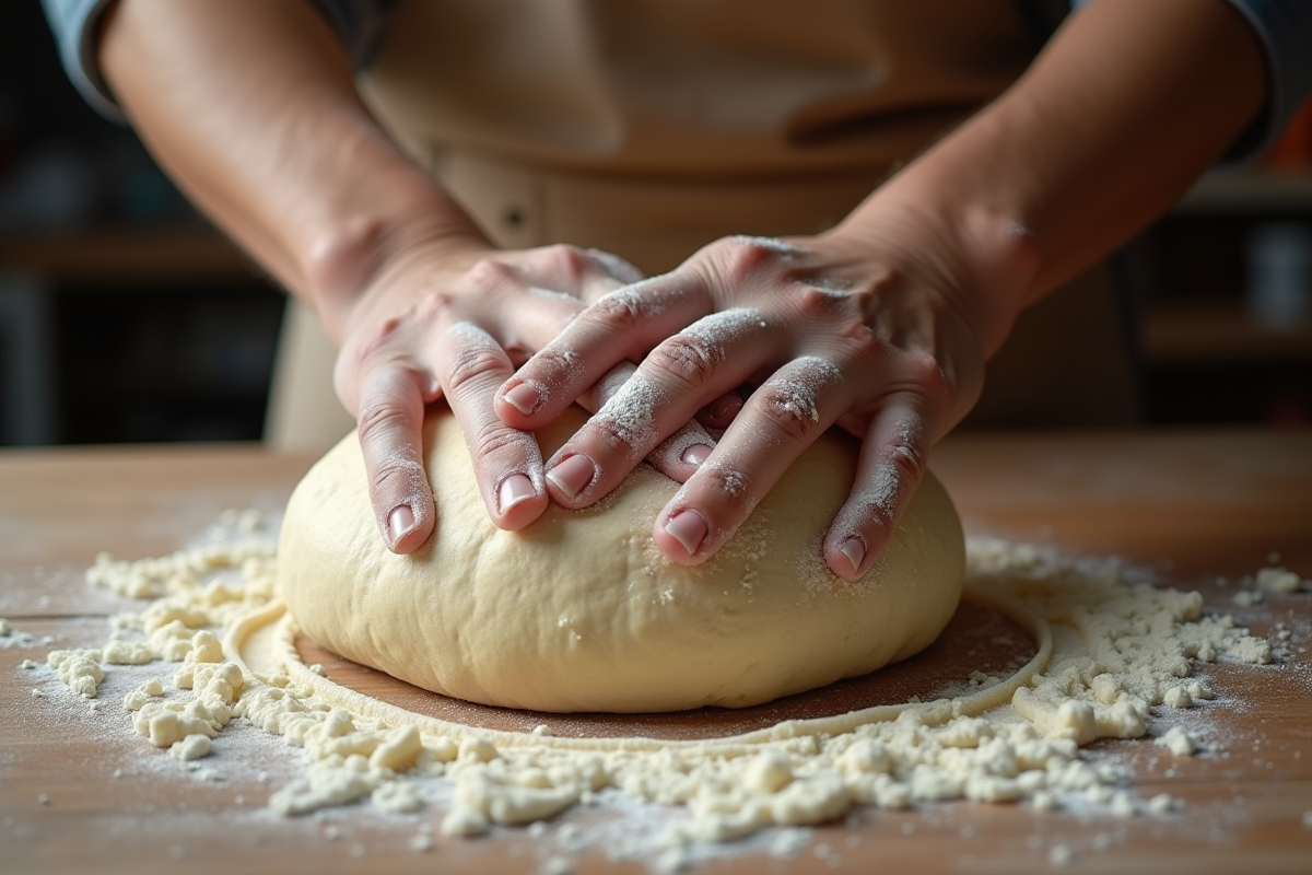 Mains pétrissant une pâte collante avec farine visible