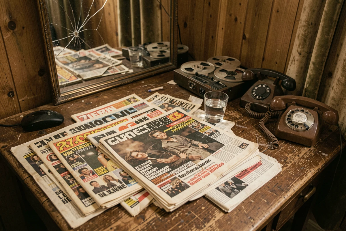 Bureau vintage des années 70 couvert de magazines et journaux à scandales symbolisant la pression médiatique sur les artistes