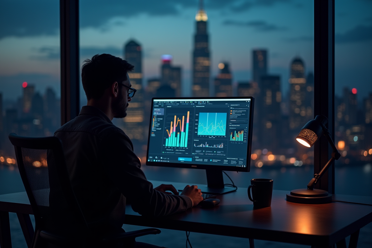 Gestionnaire de produits travaillant tard avec visualisations de données IA