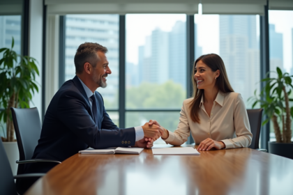 Deux professionnels se serrent la main dans un bureau moderne