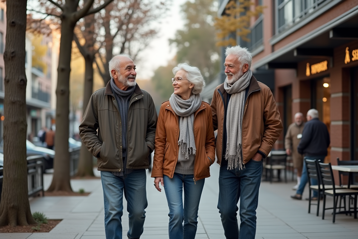 Groupe de seniors se promenant en ville