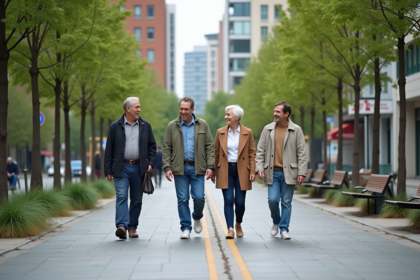 Groupe de personnes diverses dans une rue piétonne urbaine