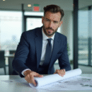Promoteur immobilier en réunion avec plans architecturaux