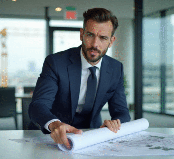 Promoteur immobilier en réunion avec plans architecturaux