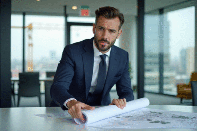 Promoteur immobilier en réunion avec plans architecturaux