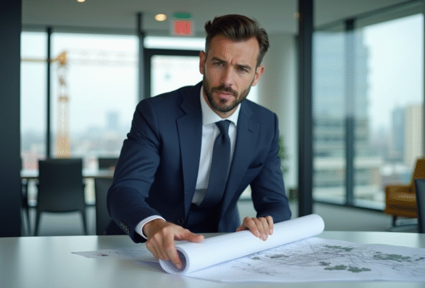 Promoteur immobilier en réunion avec plans architecturaux