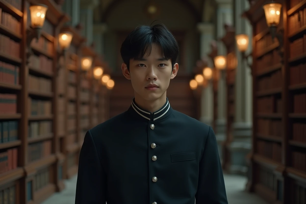Jeune homme en uniforme d'académie sombre dans une bibliothèque ancienne, regard calculateur aux yeux de renard, atmosphère de mystère et d'ambition cachée