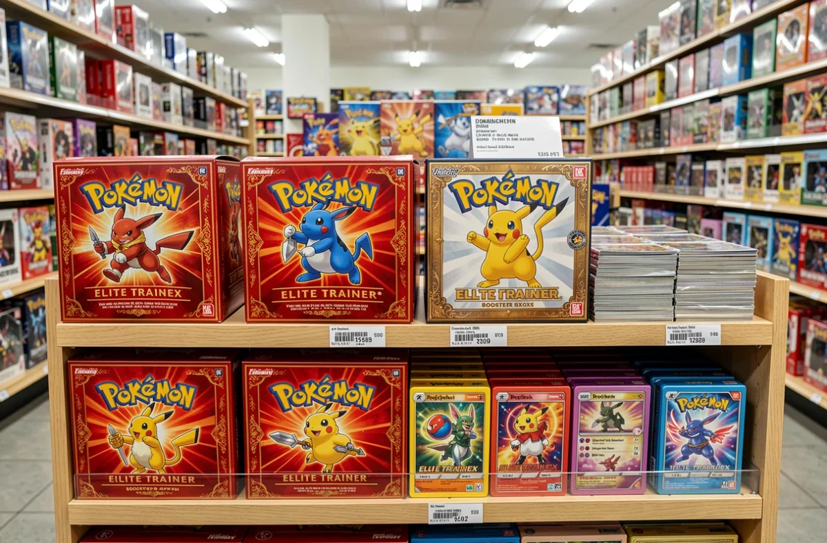 Rayon de boutique officielle Pokémon avec boîtes de boosters et coffrets collector officiellement distribués en magasin