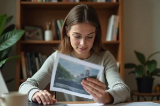 Femme utilisant un ordinateur portable et une photo imprimée pour rechercher une personne en ligne depuis son bureau à domicile