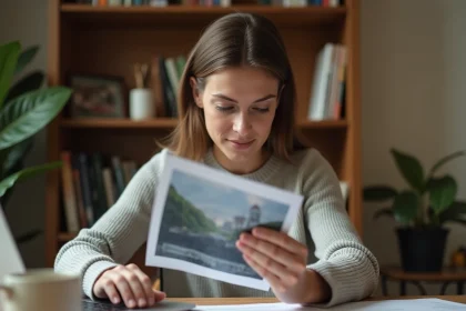 Femme utilisant un ordinateur portable et une photo imprimée pour rechercher une personne en ligne depuis son bureau à domicile