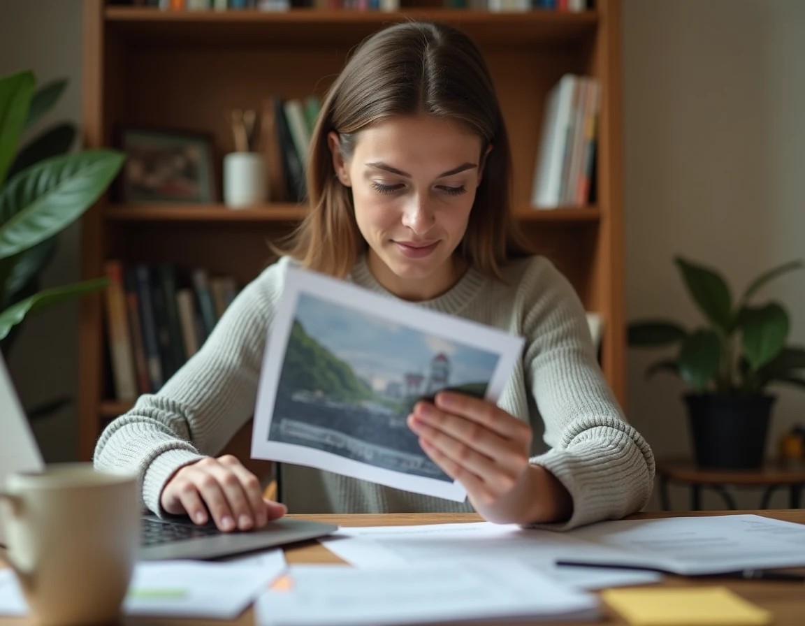 Femme utilisant un ordinateur portable et une photo imprimée pour rechercher une personne en ligne depuis son bureau à domicile