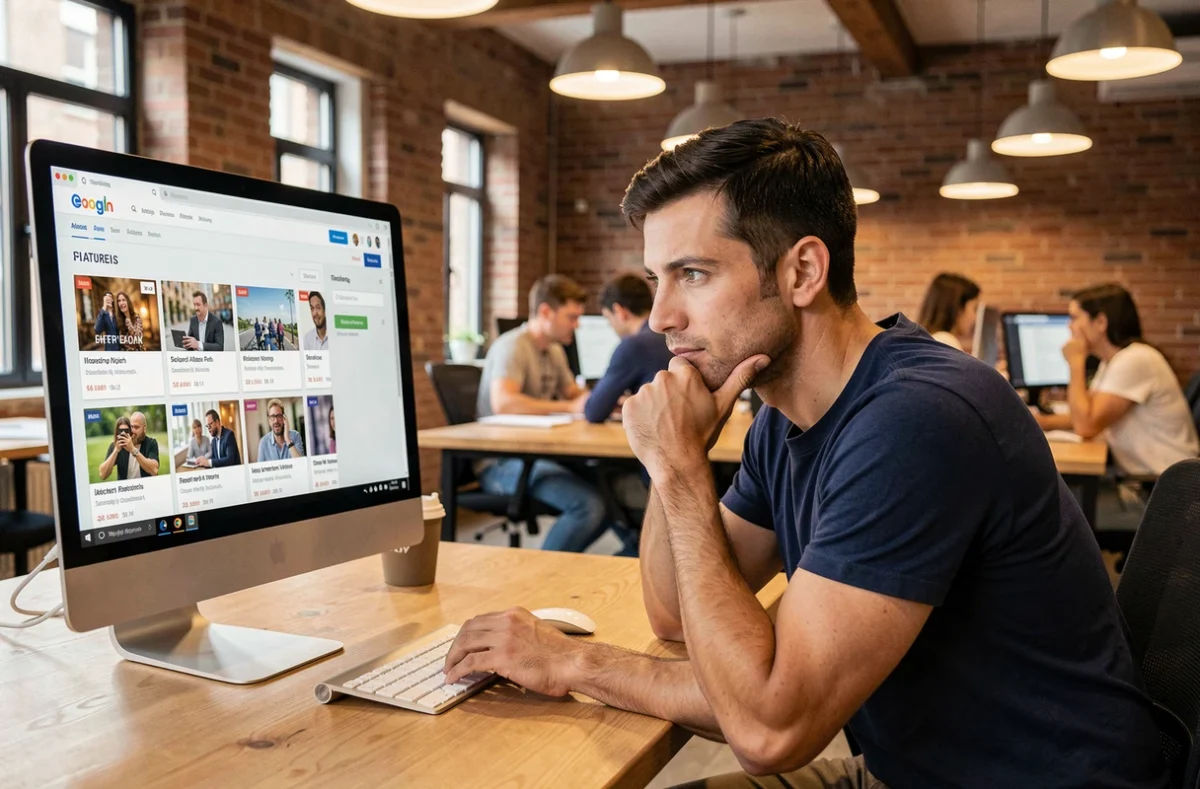 Homme consultant les résultats de recherche et les topics populaires d'un forum d'archives sur un grand écran de bureau en coworking