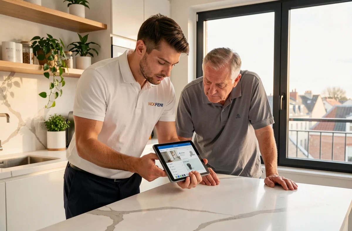 Un conseiller de Renoolab Pantin présente des options de rénovation de serrure sur tablette à un propriétaire dans son appartement moderne