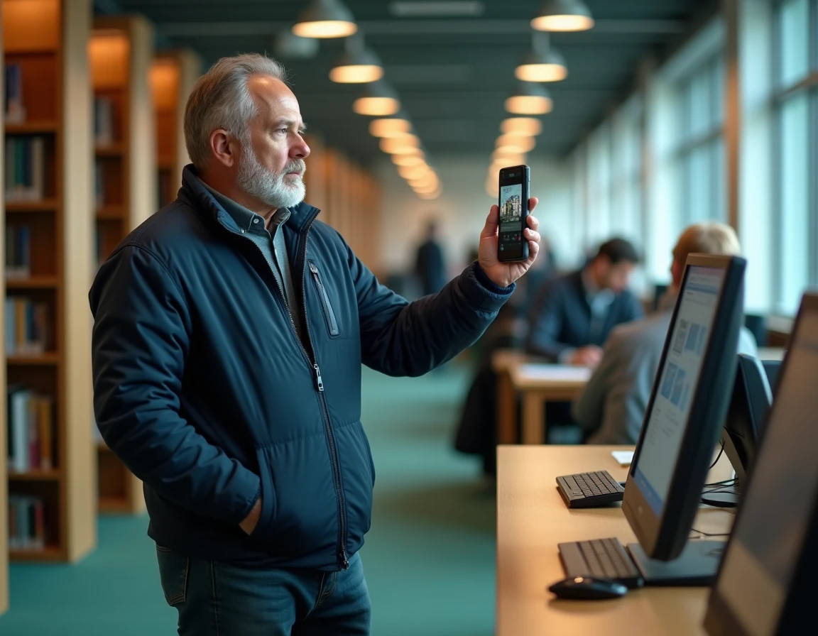 Homme en bibliothèque utilisant son smartphone et un terminal informatique pour retrouver une personne à partir d'une photo