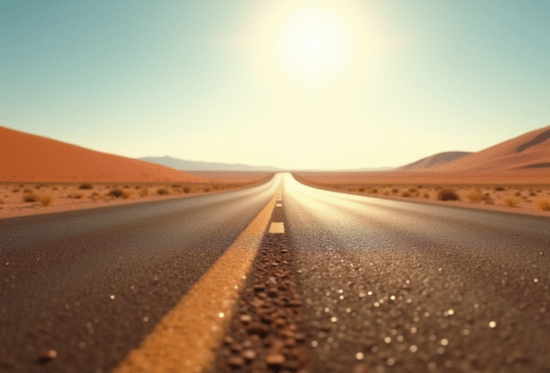 Route désertique en Namibie sous le soleil brillant
