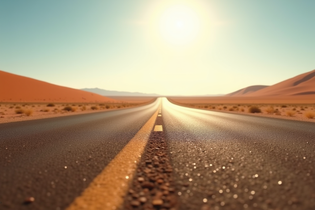 Route désertique en Namibie sous le soleil brillant