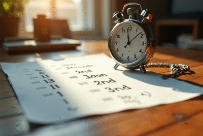 Sablier analogique sur un bureau en bois avec calculs mathématiques